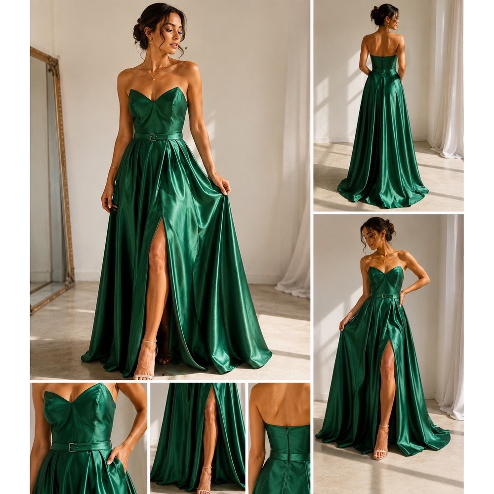 Emerald Green Satin Strapless Sweetheart Gown with Belt and Slit Formal Dress XS